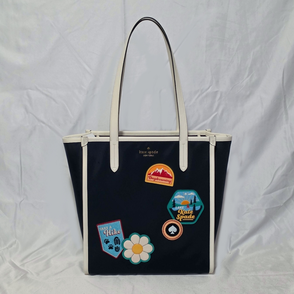 Kate Spade Day Tripper Navy Tote with White Trim and Patch Accents
